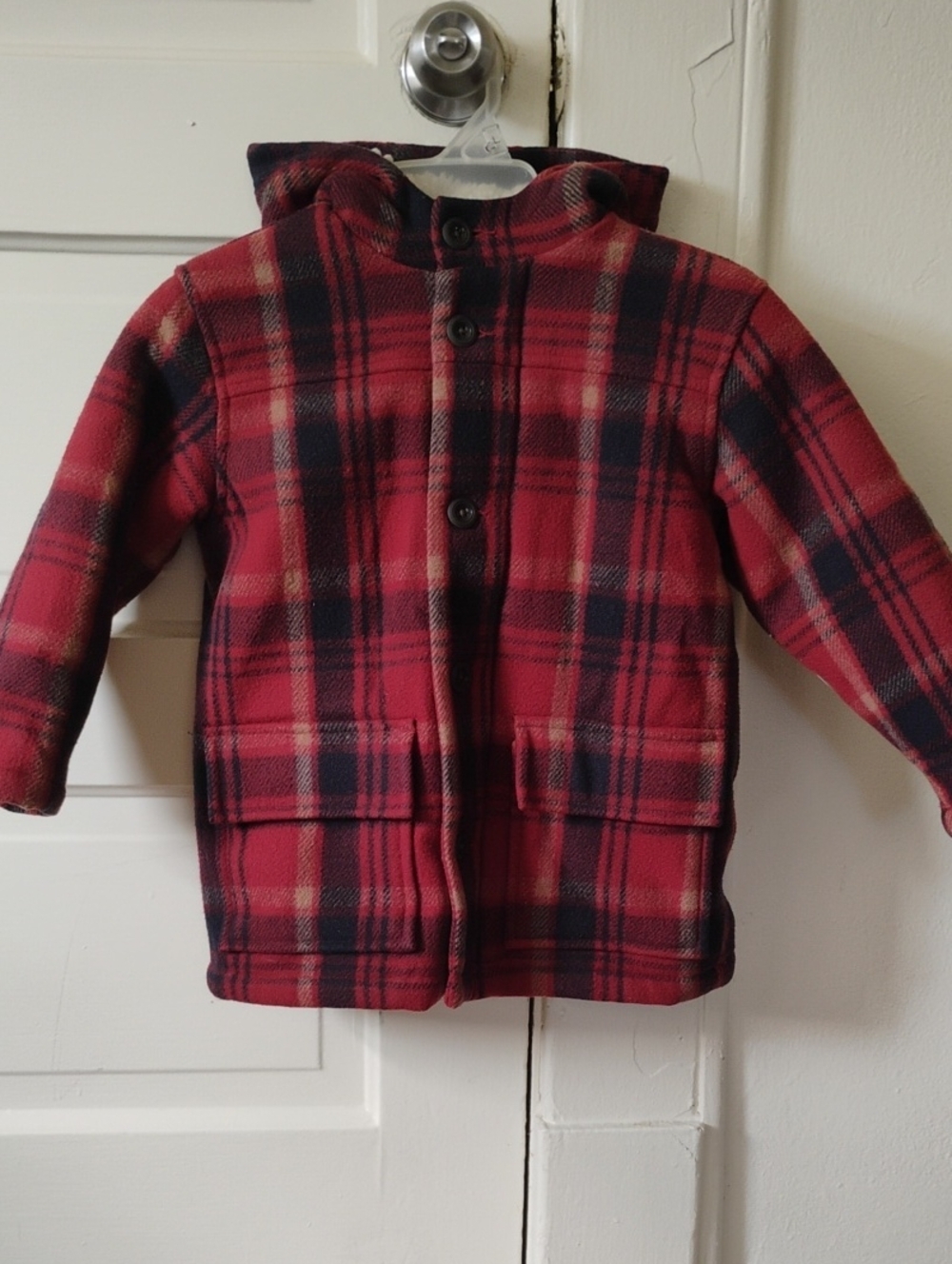 GAP Red and Black Plaid Hooded Pea Coat Heavy With Sheepskin Look Lining Sz 5T